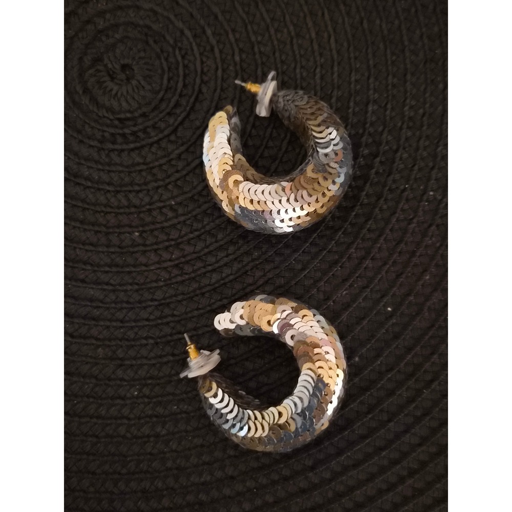J.Crew Mixed Metallic Sequin Hoop Earrings Gold Silver Statement Post Backs
